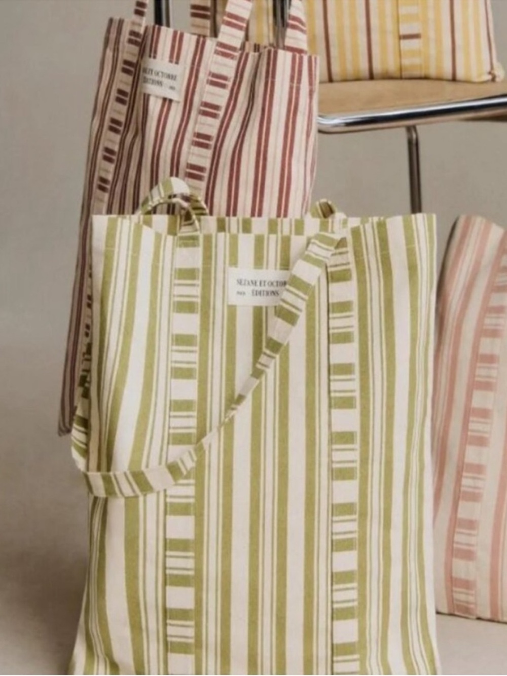 Sezane Octobre Editions Striped Canvas Tote in Green and Cream